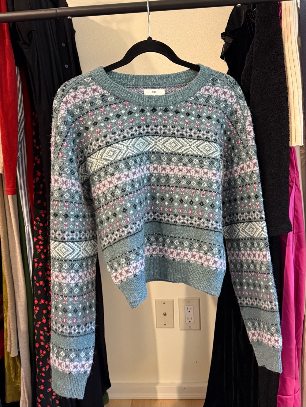 bp Teal Fair Isle Crewneck Sweater with Pink and Cream Accents